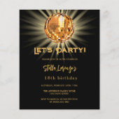 ディスコパーティーブラック金ゴールド予算の誕生日の招待状 (正面)