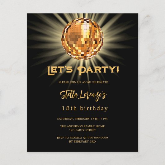 ディスコパーティーブラック金ゴールド予算の誕生日の招待状 (正面)