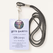 ディスコパーティーラベンダーバイオレット誕生日の招待 バッジ (正面ランヤード)