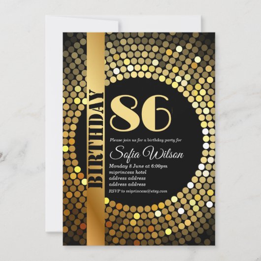 ディスコパーティー、金ゴールド、任意の年齢、誕生日パーティー 招待状 (正面)