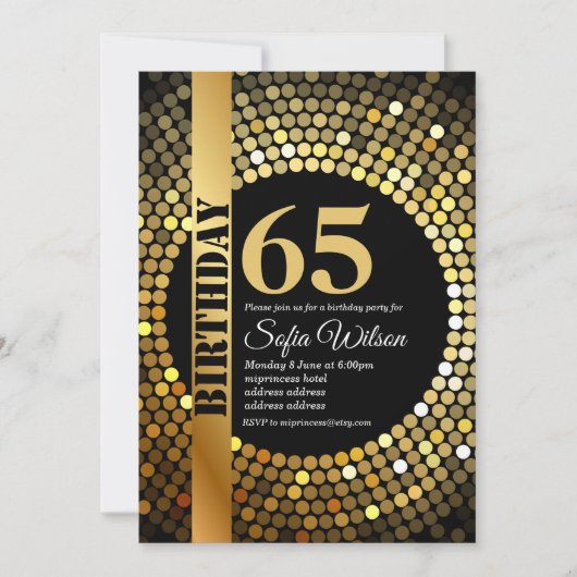 ディスコパーティー,金ゴールド, 70s，誕生日パーティー 招待状 (正面)