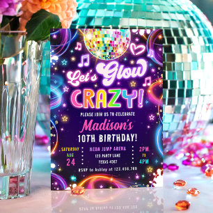ディスコパーティー Let's Glow ネオングロウガール 誕生日 招待状