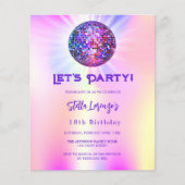 ディスコピンクのホログラフィック予算誕生日の招待状 (正面)