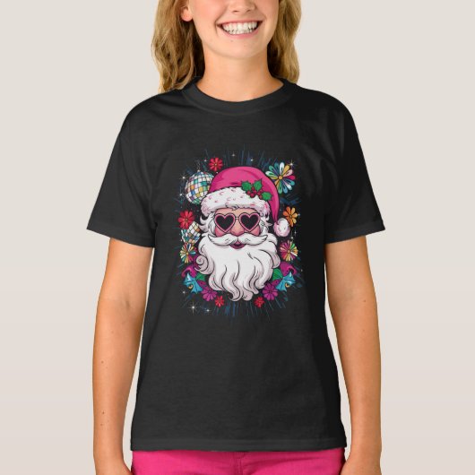 ディスコピンクサンタおもしろいクリスマスパーティー Tシャツ (正面)