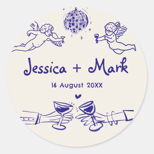 ディスコファンキー手描きウェディング ラウンドシール (正面)