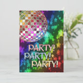ディスコボールとセントレインボー付きパーティの招待状 招待状 (スタンド正面)
