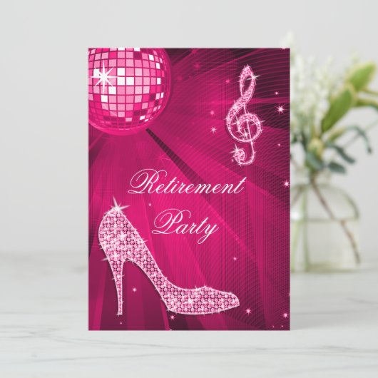 ディスコボールと輝くヒールのピンクの定年 招待状 (スタンド正面)