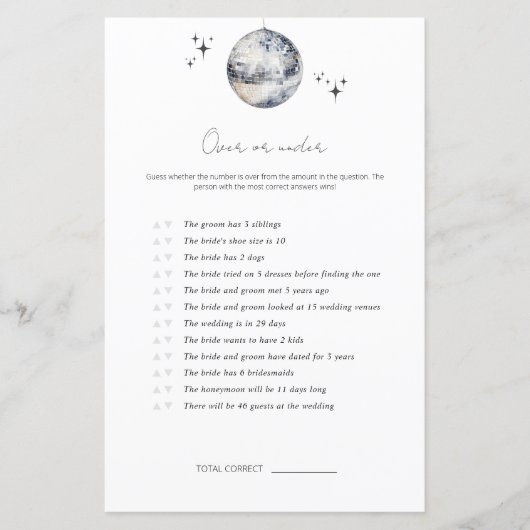 ディスコボールの上または下のブライダルシャワーゲーム (正面)