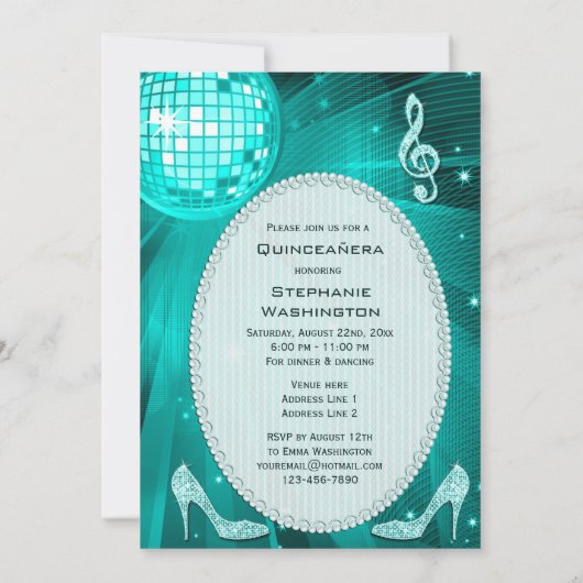 ディスコボールアンドスパークルヒールティール(緑がかった色)キンセアニラ 招待状 (裏面)