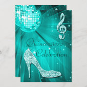 ディスコボールアンドスパークルヒールティール(緑がかった色)キンセアニラ 招待状 (正面/裏面)