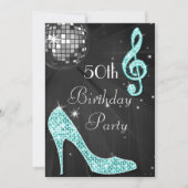 ディスコボールアンドヒールズブラック&ティール（緑がかった色）50誕生日 招待状 (正面)