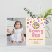 ディスコボールグルービーワン写真1st誕生日パーティー 招待状 (スタンド正面)