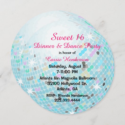 ディスコボールスイート16パーティの招待状 招待状 (正面/裏面)
