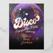 ディスコボールパープル婚約カップルのダンスパーティー 箔招待状ポストカード (正面)