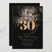 ディスコボールブラックと金ゴールド30歳の誕生日パーティー 招待状 (正面/裏面)