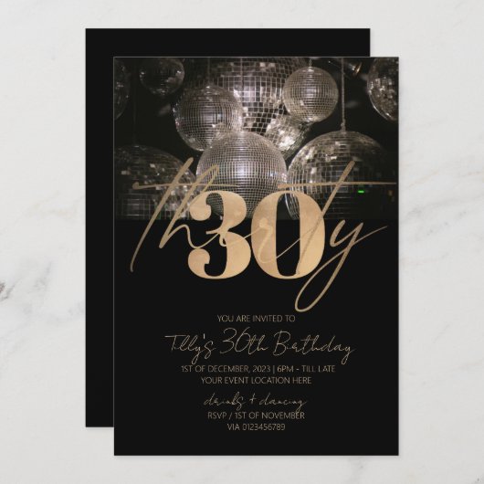 ディスコボールブラックと金ゴールド30歳の誕生日パーティー 招待状 (正面/裏面)