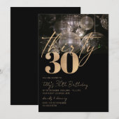 ディスコボールブラックと金ゴールド30歳の誕生日パーティー 招待状 (正面/裏面)