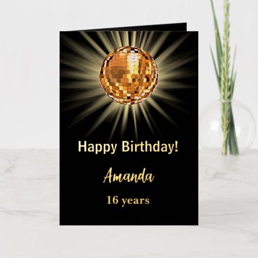 ディスコボールブラック金ゴールド写真ハッピーバースデー 箔グリーティングカード (正面)