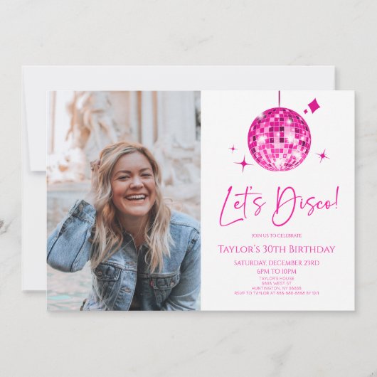 ディスコボールレッツディスコカスタムの写真の誕生日パーティー 招待状 (正面)