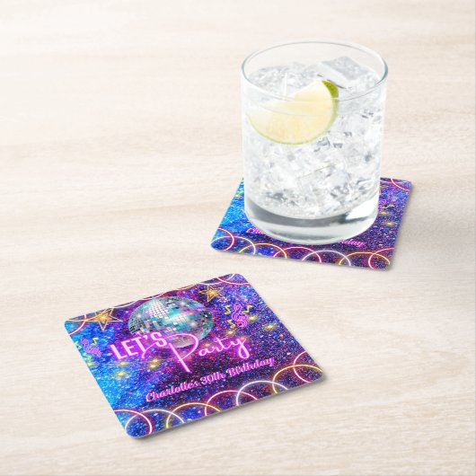 ディスコボールレッツネオンピンクグローガールパーティーパーティー スクエアペーパーコースター (インサイチュ)
