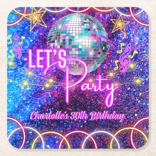 ディスコボールレッツネオンピンクグローガールパーティーパーティー スクエアペーパーコースター (正面)