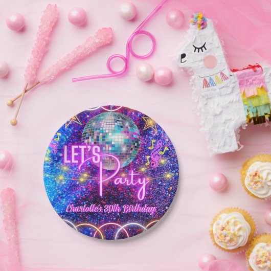 ディスコボールレッツネオンピンクグローパーティー誕生日 ペーパープレート (パーティー)