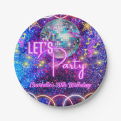 ディスコボールレッツネオンピンクグローパーティー誕生日 ペーパープレート (正面)