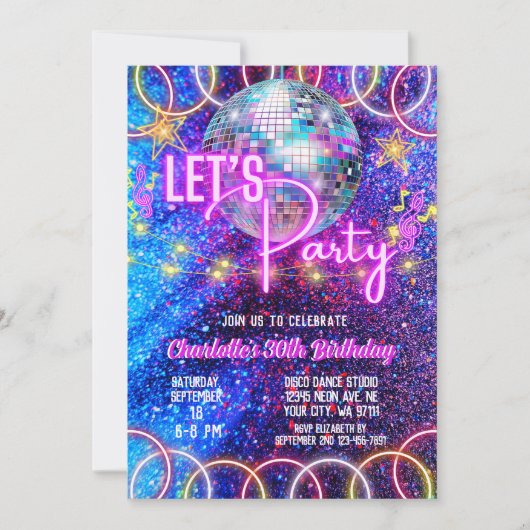 ディスコボールレッツネオンピンク白熱［赤熱］光を放つ誕生日 招待状 (正面)