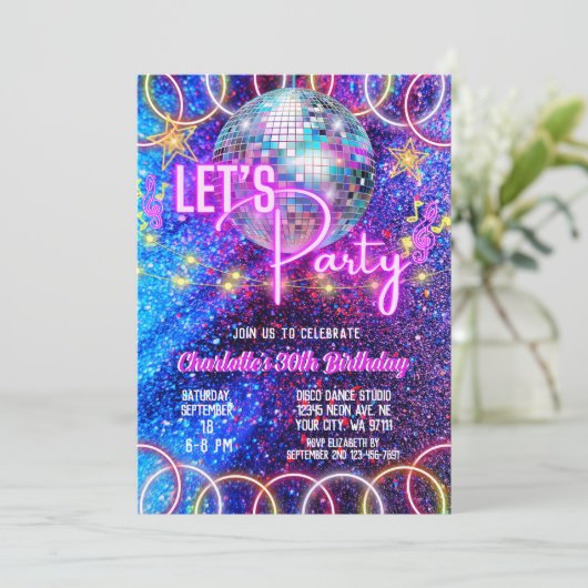 ディスコボールレッツネオンピンク白熱［赤熱］光を放つ誕生日 招待状 (スタンド正面)
