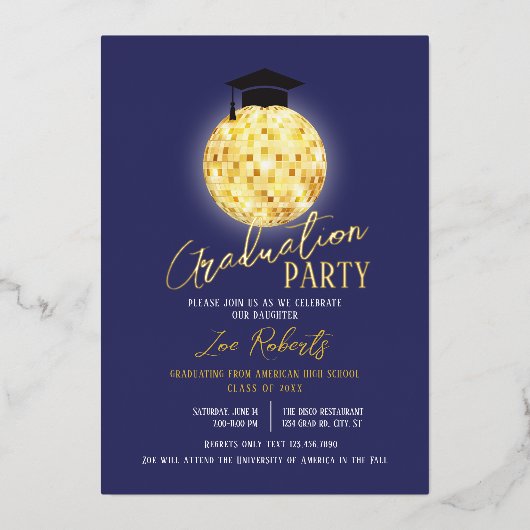 ディスコボール及びキャップの卒業 箔招待状 (正面)