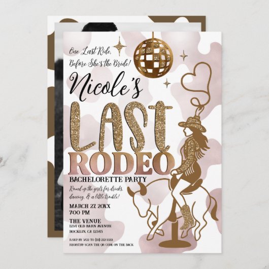 ディスコボール女性のカーボーイラストロデオバチェロレッテ 招待状 (正面/裏面)