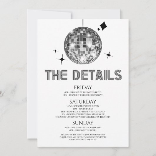 ディスコボール最後のディスコバチェロレッテ週末パーティー 招待状 (裏面)