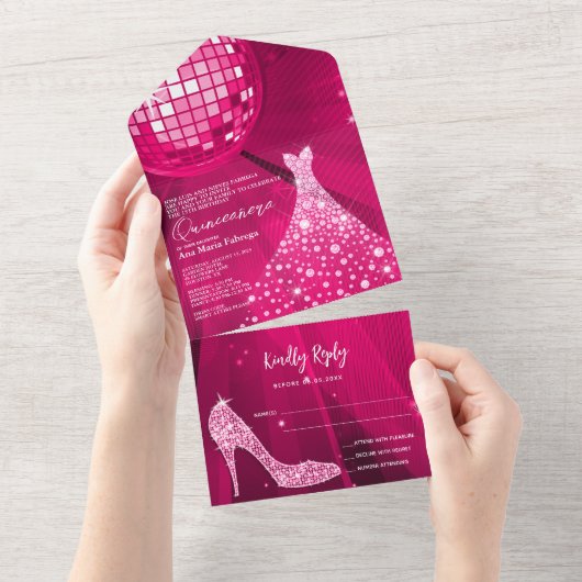 ディスコボール、スティレット&ボールガウンPink Quinceaenera オールインワン招待状 (貼ってはがせる)