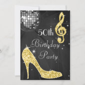 ディスコボール&ハイルットブラック&金ゴールド50誕生日 招待状 (正面)
