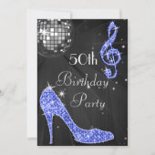 ディスコボール&ヒール黒青50誕生日 招待状 (正面)