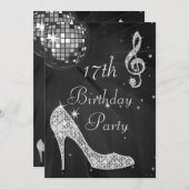 ディスコボール&ヒール黒&シルバー17誕生日 招待状 (正面/裏面)