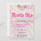 ディスコボール ピンク ティール レトロ ダンス 21歳の誕生日 招待状 (正面)