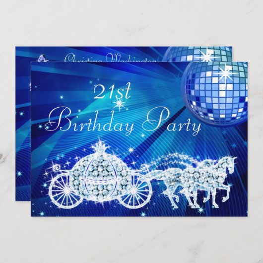 ディスコボール、プリンセスコーチ&ウマ21歳の誕生日 招待状 (正面/裏面)