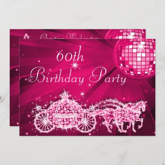 ディスコボール、プリンセスコーチ&ウマ60誕生日 招待状 (正面/裏面)