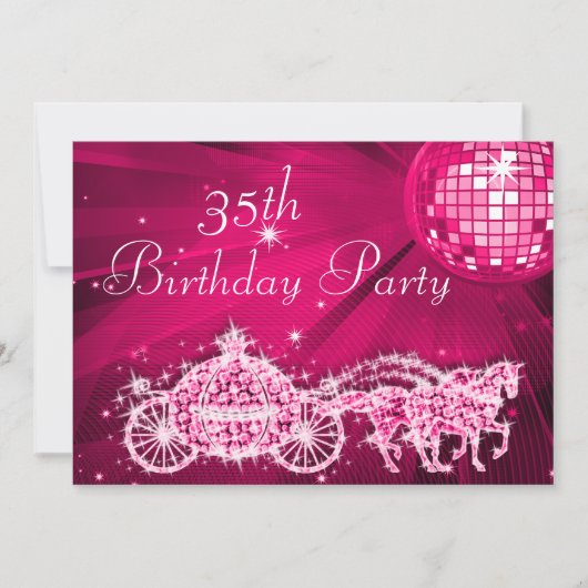 ディスコボール、プリンセス+コーチ+馬の35歳の誕生日 招待状 (正面)