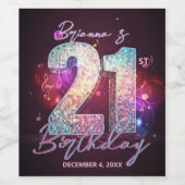 ディスコボール・ミュージカルノート ピンクパープル 21歳の誕生日 ワインラベル (シングルラベル)