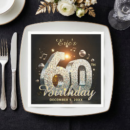ディスコボール 60歳の誕生日パーティー ブラックゴールドミュージック スタンダードカクテルナプキン