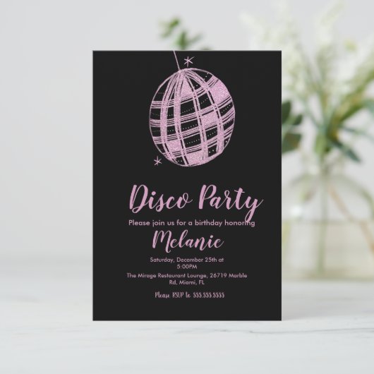 ディスコモダンパーティーフェイクグリッターピンクボール 招待状 (スタンド正面)