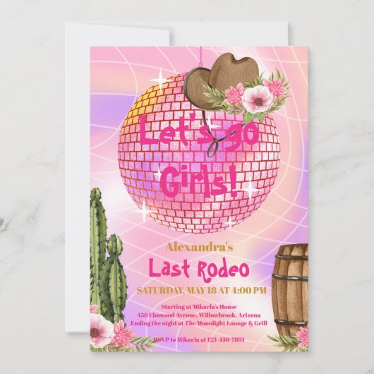 ディスコラストロデオ女性のカーボーイブライダルシャワー 招待状 (正面)