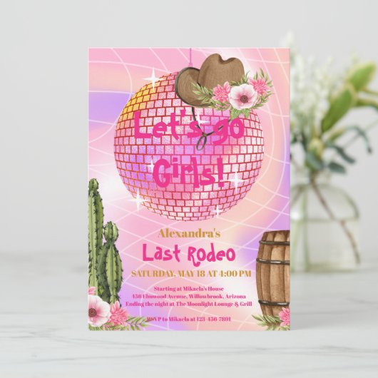 ディスコラストロデオ女性のカーボーイブライダルシャワー 招待状 (スタンド正面)