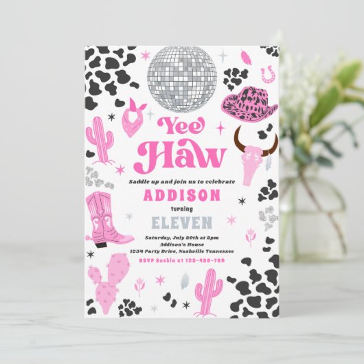ディスコ女性のカーボーイナッシュビルピンクロデオバースデーパーティー 招待状 (スタンド正面)