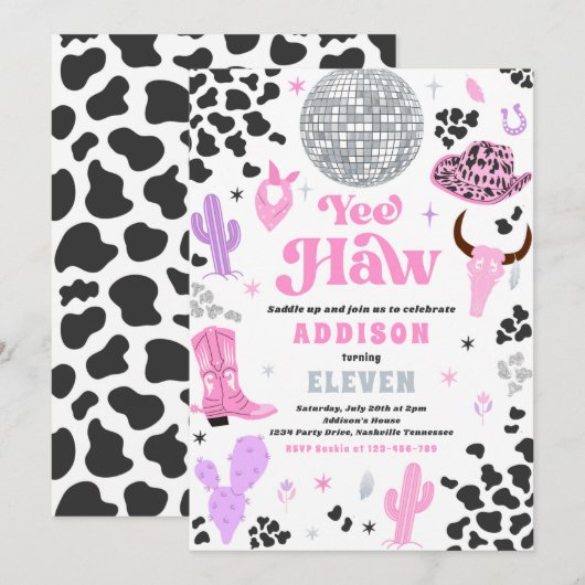 ディスコ女性のカーボーイナッシュビルピンクロデオバースデーパーティー 招待状 (正面/裏面)