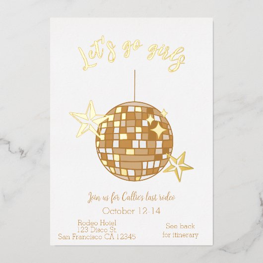 ディスコ女性のカーボーイバチェロレッテ旅程ラストロデオ 箔招待状 (正面)