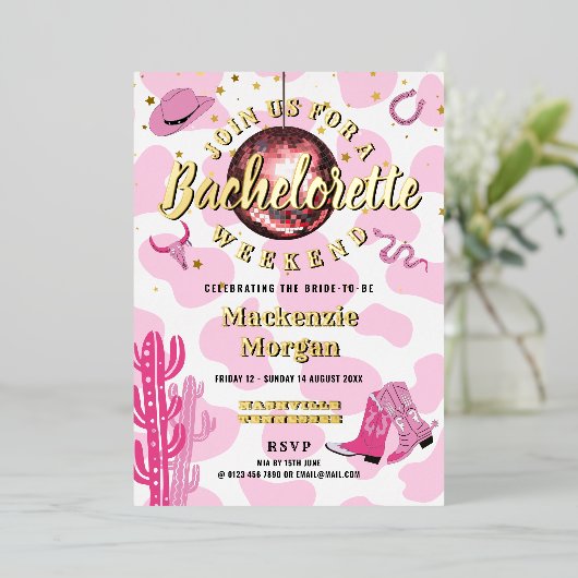 ディスコ女性のカーボーイバチェロレッテ週末パーティー 箔招待状 (立ち正面)