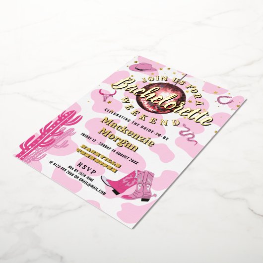 ディスコ女性のカーボーイバチェロレッテ週末パーティー 箔招待状 (回転した状態)